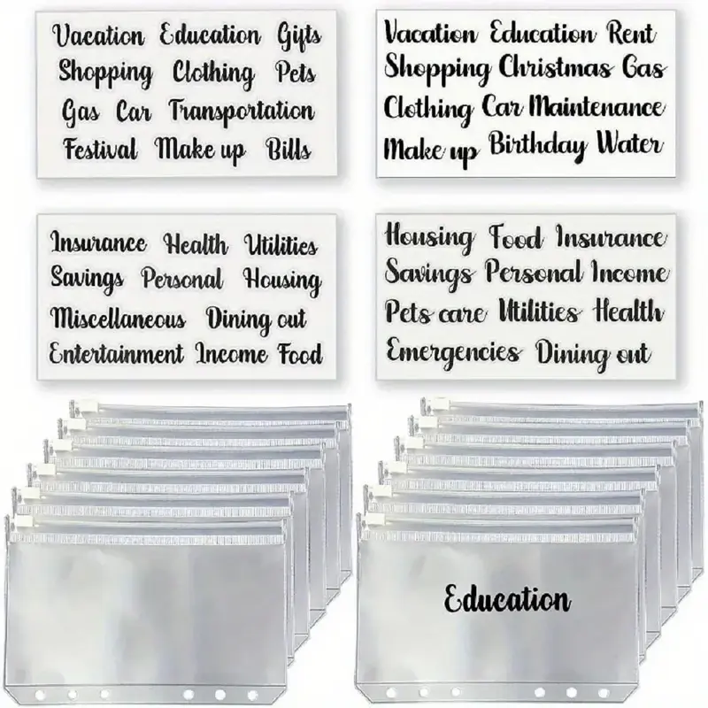 A6 Clear Zip Envelope Set, 12pcs Binder Pockets & 4 Counts Self Adhesive Labels Stickers for Budget Planning, Money Saving Bi...