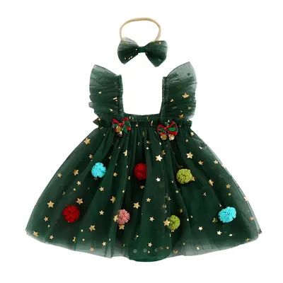 Baby Girl Christmas Tree Romper Dress Star Sequin Tulle Skirt Lace Bodysuit Headband Newborn Infant Christmas Outfit