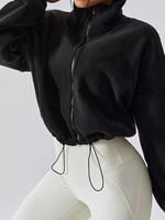 Women's Solid Drawstring Zip Up Crop Fleece Jacket, Casual Funnel Neck Long Sleeve Funnel Neck Outerwear for Fall & Winter, J...