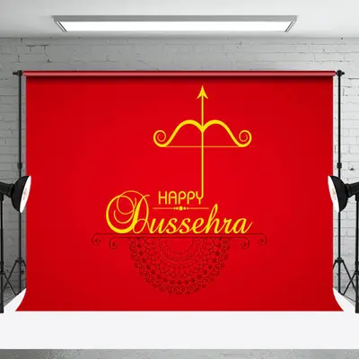 Aperturee Red Gold Crossbow Arrow Happy Dussehra Backdrop | Custom Party Backdrop Wall | Wall Backdrop For Party | Party Back...