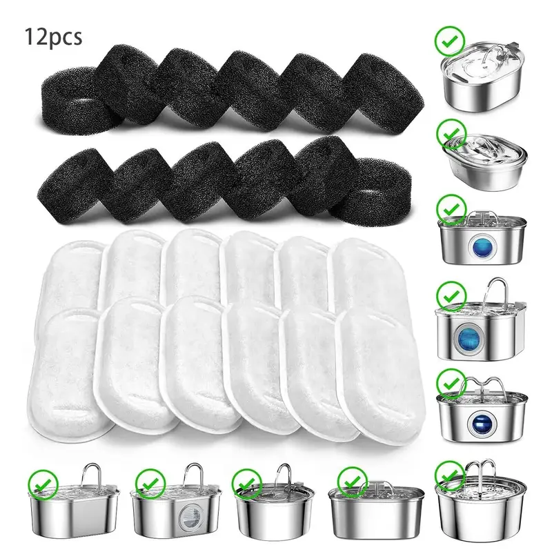 Triple Filtration System Replacement Filters for Automatic Pet Fountain, 12pcs Cat Water Fountain Replacement Filters, Pet Su...