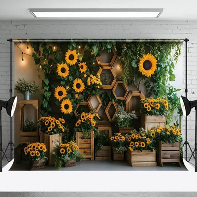 Aperturee Greenery Sunflower Rustic Wooden Spring Backdrop, 3X2FT(1MX0.6M), 14 USD, spring backdrops, NYHD1J12-M