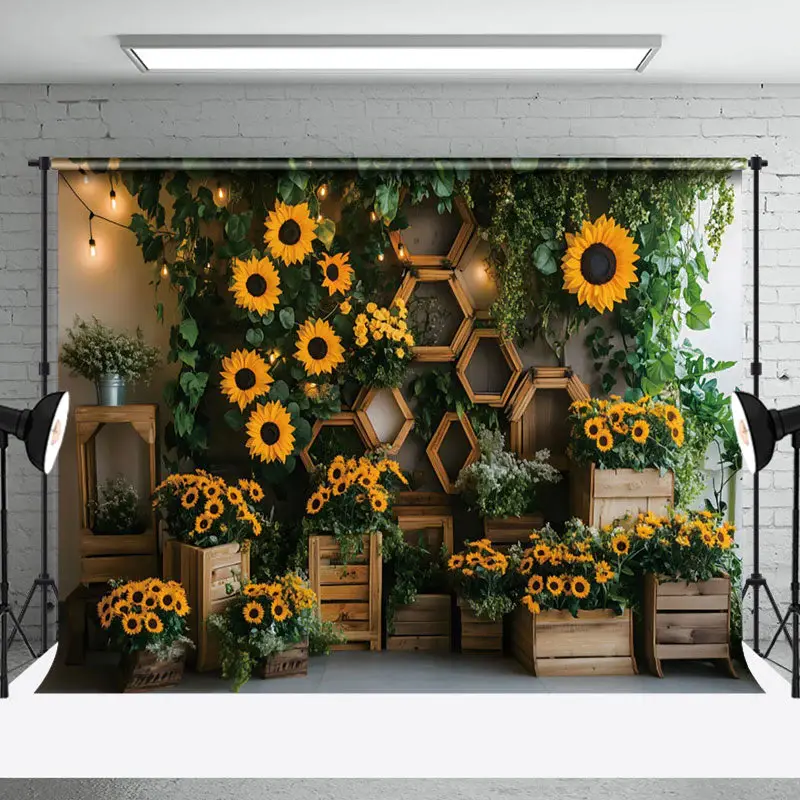 Aperturee Greenery Sunflower Rustic Wooden Spring Backdrop, 3X2FT(1MX0.6M), 14 USD, spring backdrops, NYHD1J12-M