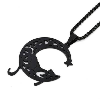 304 Stainless Steel Hollow Moon Cat Shaped Pendant Box Chain Necklaces