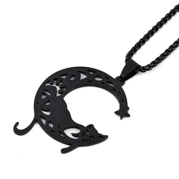 304 Stainless Steel Hollow Moon Cat Shaped Pendant Box Chain Necklaces