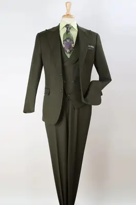 Olive Green Wool Suit: Men's Double Breasted Vest with Wide Peak Lapel