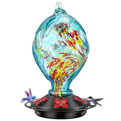 Hummingbird Feeder with 5 Perches, Hand Blown Glass Hummingbird Feeders for Outdoors Hanging, 30 Fuild Oz with Ant and Bee Pr...