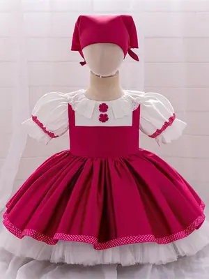 Toddler Girl's Colorblock Contrast Lace Bow Back Dress with Kerchief, Cute Puff Sleeve Round Neck Tiered Layer Dress for Part...