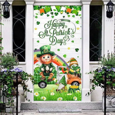 Aperturee Green Clover Grass Gnome St Patricks Day Door Cover, 30x80 Inch, 28.48 USD, st patricks day door covers, ZZML074A-A