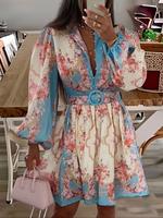 Women's Floral Print Belted Dress, Elegant Longsleeves Dress for Spring & Fall, Boho Women's Clothing for Daily Wear, Bohemia...