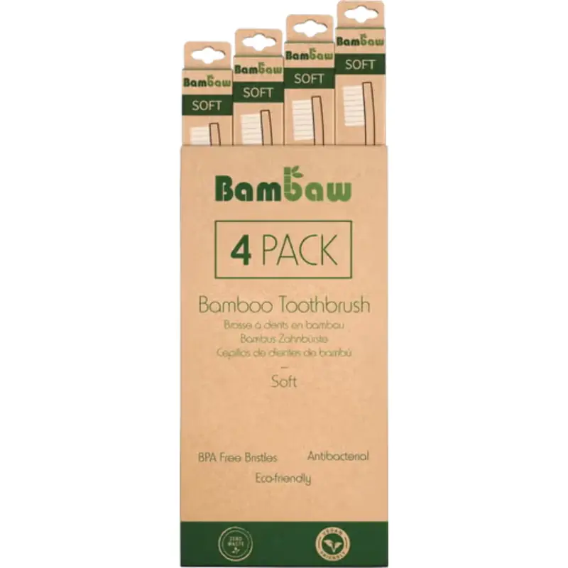 Bambaw Bamboo Toothbrush - Soft 4 pieces.