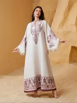 Women's Embroidery Sequins Dress, Elegant Long Sleeve Dress for Party Wedding Guest, Ladies Islamic Clothing for Spring & Fal...