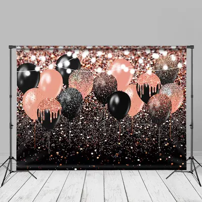 Pink Black Balloon Sparkling Bokeh Grad Photo Backdrop - Aperturee
