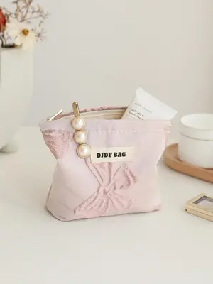 Bow Decor Makeup Bag, Large Capacity Cosmetic Storage Bag, Portable Travel Makeup Organizer Pouch, Zipper Makeup Organizer Po...