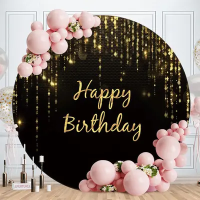 Aperturee Gold Happy Birthday With Simple Black Round Backdrop | Circle Party Backdrop | Custom Round Birthday Backdrop | Rou...