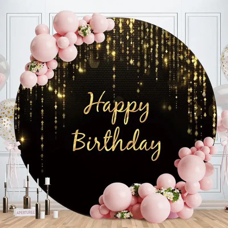 Aperturee Gold Happy Birthday With Simple Black Round Backdrop | Circle Party Backdrop | Custom Round Birthday Backdrop | Rou...