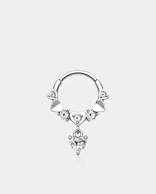 Deep Love Dangle Heart Segment Septum Ring - Silver