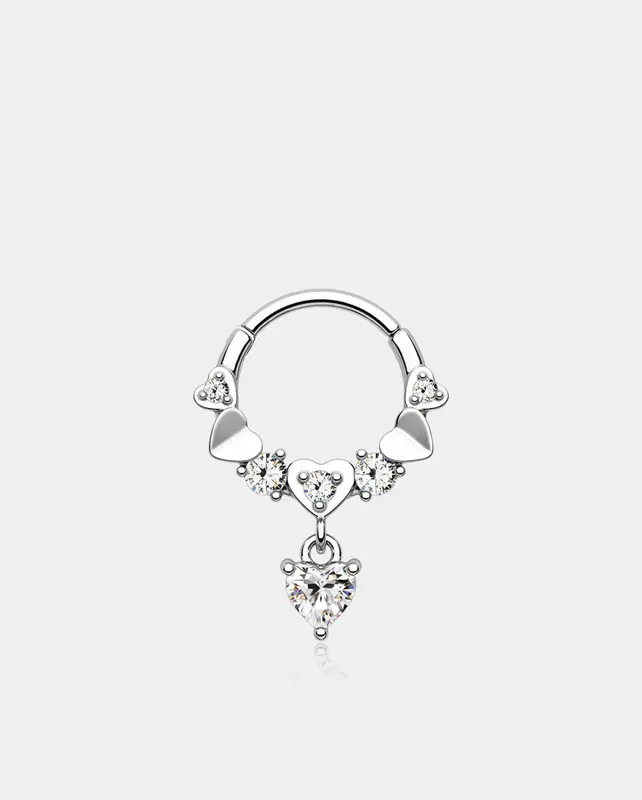 Deep Love Dangle Heart Segment Septum Ring - Silver