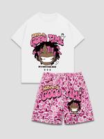 Two-Piece Set Men's Cartoon Graphic Print Short Sleeve Tee & Camo Print Shorts, Regular Fit Casual Fashion Cozy Round Neck T-...