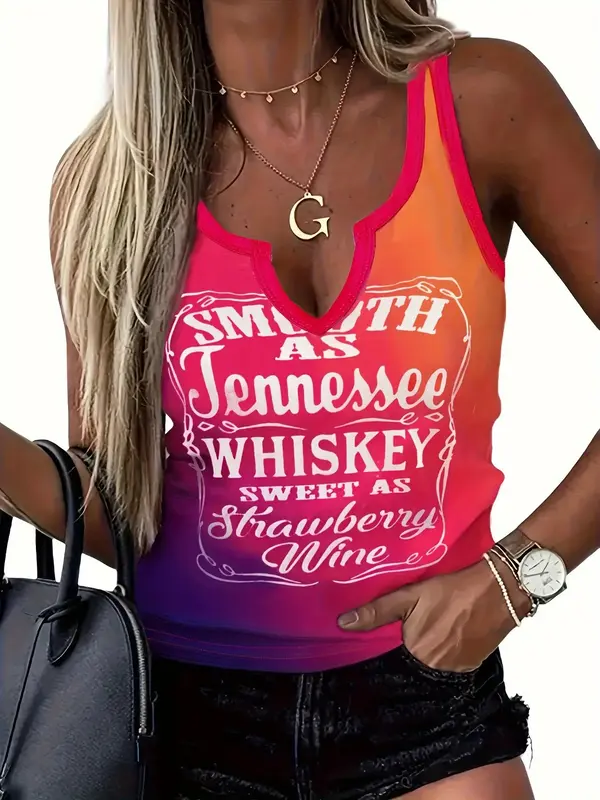 Women's Ombre Letter Print Contrast Binding Tank Top, Summer Outfits 2024, Casual Sleeveless Notched Neck Graphic Top for Sum...