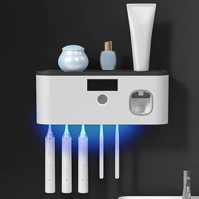 Smart UV Toothbrush Sterilizer, Wall Mounted Toothbrush Holder with Automatic Toothpaste Dispenser, Bathroom Accessories for ...