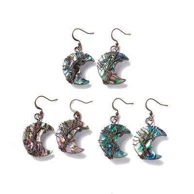 Natural Paua Shell Crescent Moon Dangle Earrings