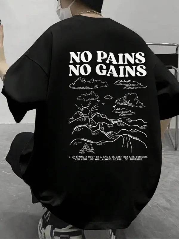 Men's Mountain Print Drop Shoulder Tee Summer Clothes, Regular Fit Casual Comfy Letter Print Round Neck Half Sleeve T-Shir...