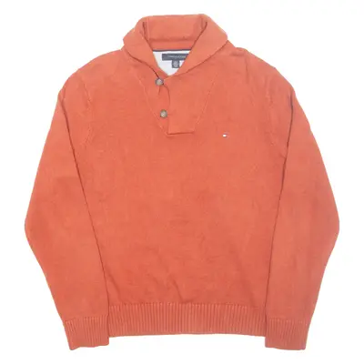 TOMMY HILFIGER Mens Jumper Orange Button Neck Tight Knit L