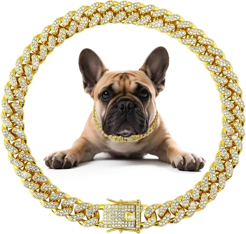 Dog Chain Diamond Collar Walking Metal Chain Necklace with Secure Buckle Pet Cuban Style Collar Jewelry Accessories for Small...