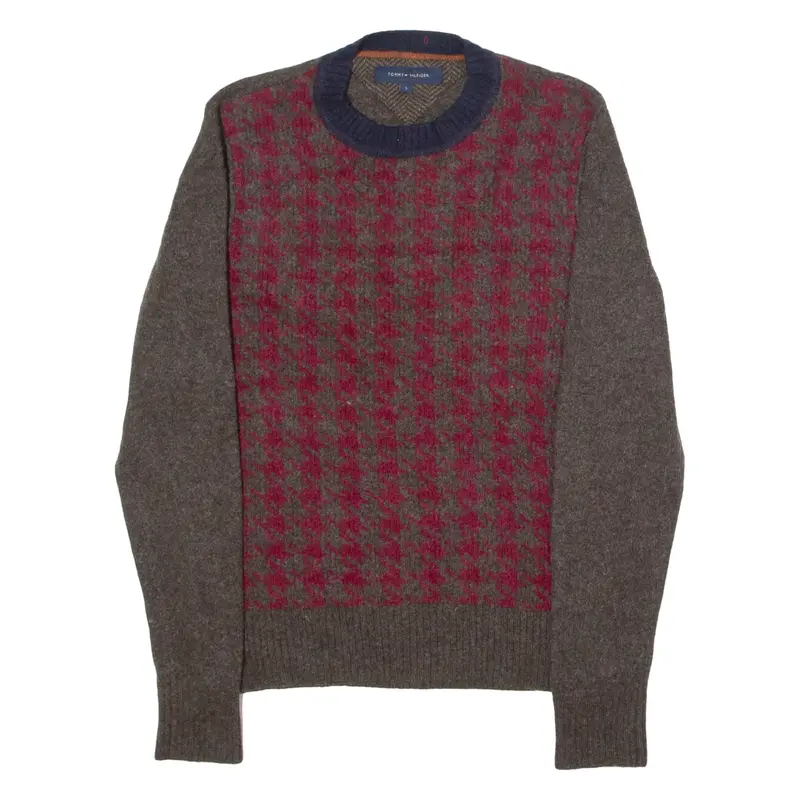 TOMMY HILFIGER Mens Jumper Brown Houndstooth Crew Neck Tight Knit Wool S
