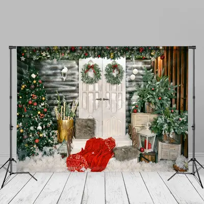 White Wood Wall Door Green Tree Christmas Backdrop - Aperturee