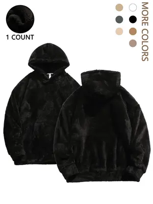 Men's Solid Color Kangaroo Pocket Drop Shoulder Thermal Lined Hoodie, Loose Casual Long Sleeve Hooded Sweatshirt for Winter, ...