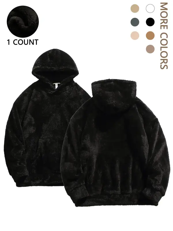 Men's Solid Color Kangaroo Pocket Drop Shoulder Thermal Lined Hoodie, Loose Casual Long Sleeve Hooded Sweatshirt for Winter, ...