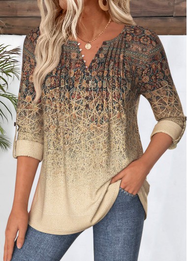 Modlily Light Coffee Tribal Print Shirt - L