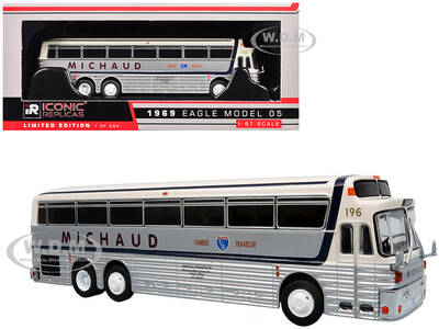 1969 Eagle Model 05 Coach Bus Michaud Bus Lines Yankee Traveler White and Silver with Black Stripes Limited Edition to 504 pi...