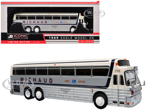 1969 Eagle Model 05 Coach Bus Michaud Bus Lines Yankee Traveler White and Silver with Black Stripes Limited Edition to 504 pi...