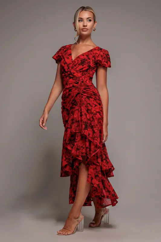 Goddiva Floral Wrap High And Low Midaxi Dress - Red