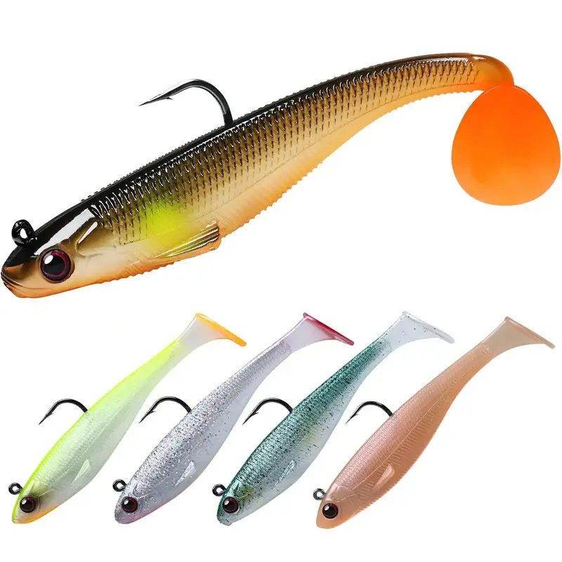 Summer Random Color Pre-rigged Jig Head Soft Fishing Lures, 5 Counts/set Paddle Tail Swimbaits for Bass Fishing, Shad/tadpole...