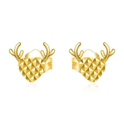 18K Gold Elk & Heart Stud Earrings