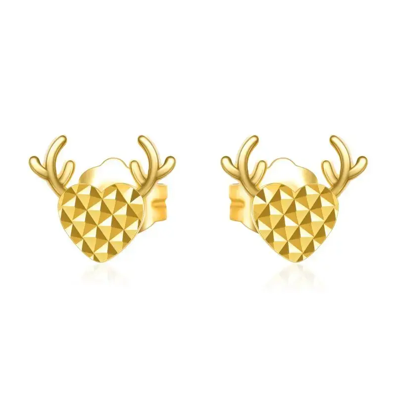 18K Gold Elk & Heart Stud Earrings