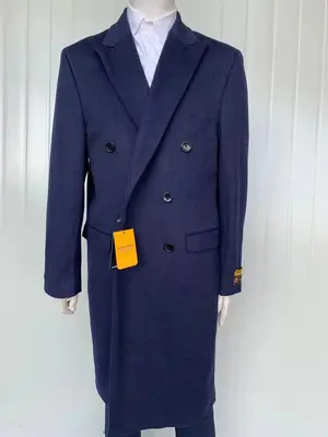 Mens Full Length Wool and Cashmere Overcoat - Winter Topcoats - Blue Coat