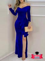 Women's Off The Shoulder Split Thigh Velvet Formal Dress, Soft Elegant Style Long Sleeve Ruffled Bodycon Evening Party Gown, ...