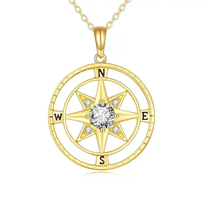 14K Gold Cubic Zirconia Compass Star Necklace for Women