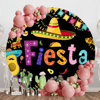 Colorful Cactus Flag Round Mexican Fiesta Backdrop - Aperturee