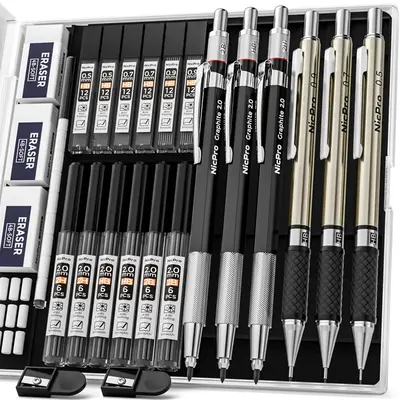 Nicpro 6Pack Art Mechanical Pencil Set, 3Pack Metal Drafting Pencil 0.5 mm & 0.7 mm & 0.9 mm & 3Pack 2mm Graphite Lead Holder...