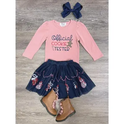 Official Cookie Tester Girls or Toddler Size Pink Long Sleeve Top and Navy Blue Christmas Skirt Outfit