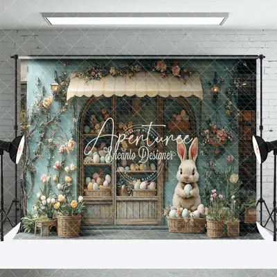 Aperturee Green Floral House Bunny Eggs Easter Photo Backdrop, 3X2FT(1MX0.6M), 14 USD, easter backdrops, ENHD3J12-M