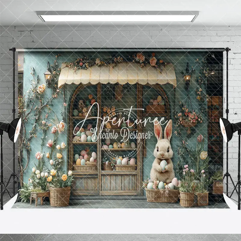 Aperturee Green Floral House Bunny Eggs Easter Photo Backdrop, 3X2FT(1MX0.6M), 14 USD, easter backdrops, ENHD3J12-M