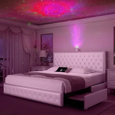 GEGOFORU Queen LED Bed Frame with Galaxy Projector, Bluetooth Speakers & USB Charging, Optional 4 Storage Drawers, Customizab...