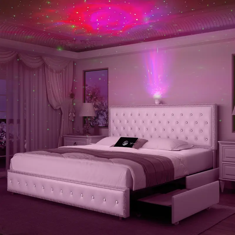 GEGOFORU Queen LED Bed Frame with Galaxy Projector, Bluetooth Speakers & USB Charging, Optional 4 Storage Drawers, Customizab...
